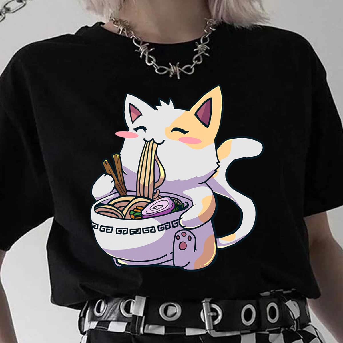 Japanese Kawaii Cat Eat Ramen T-Shirt