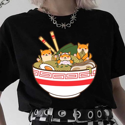 Shibas Inu Eating Ramen Noodles T Shirt, Kawaii Japanese Food T-Shirt