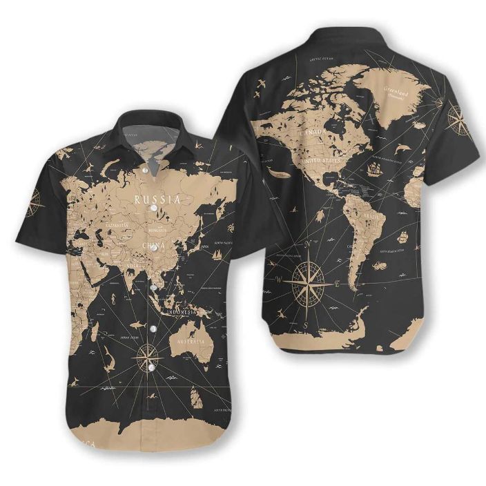 World Map Vintage Black Golden Hawaii Aloha Shirt