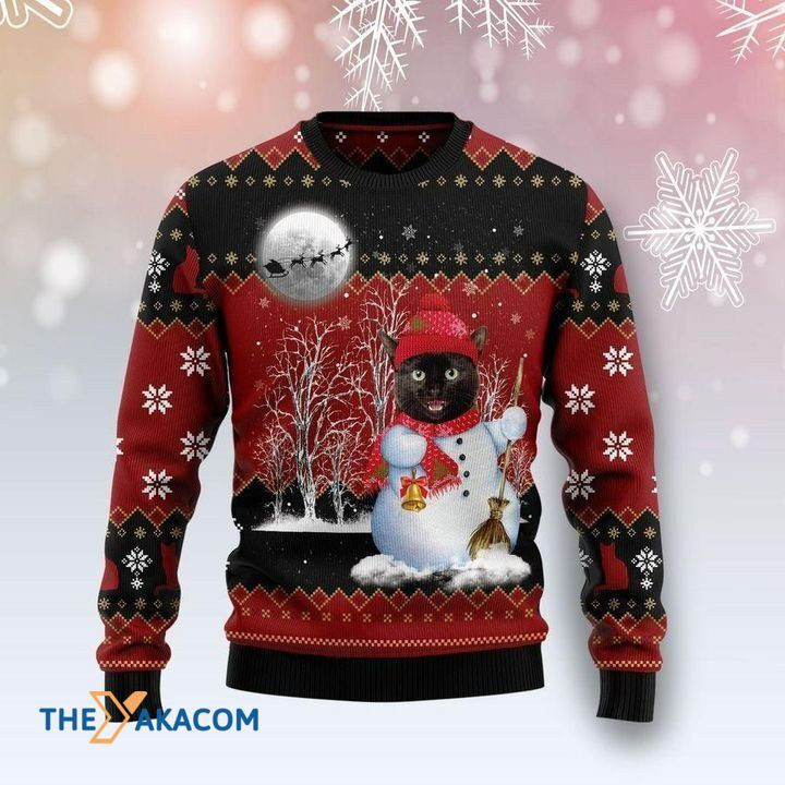 3D Sweater Black Cat Sweep Snow Christmas