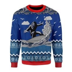 Bigfoot Surfing Blue Ugly Christmas 3D Sweater
