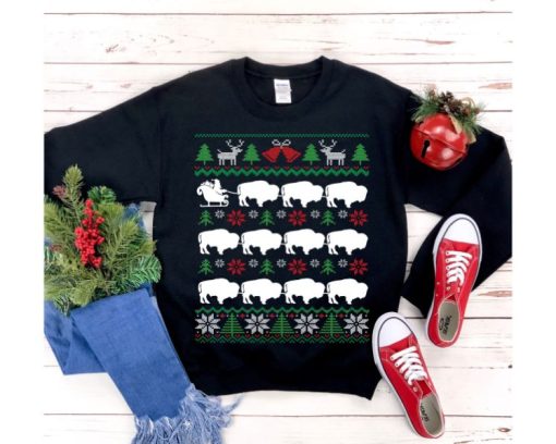 Bison Pulling Santa Sleigh Christmas Sweatshirt
