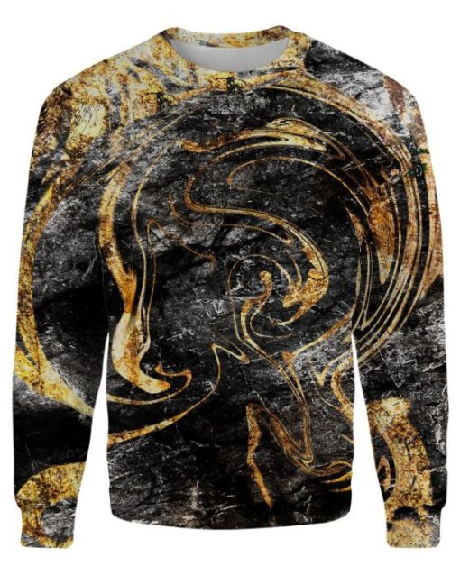 Black Gold Paint Swirls All Over Printed Sweater