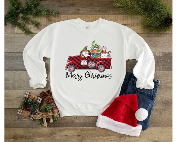 Christmas Gnomes In Truck Plaid Design Sweatshirt