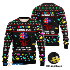 Skull Autism Warrior Fighting For My Son Christmas Sweater