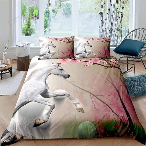 White Horse And Cherry Blossoms Bedding Set