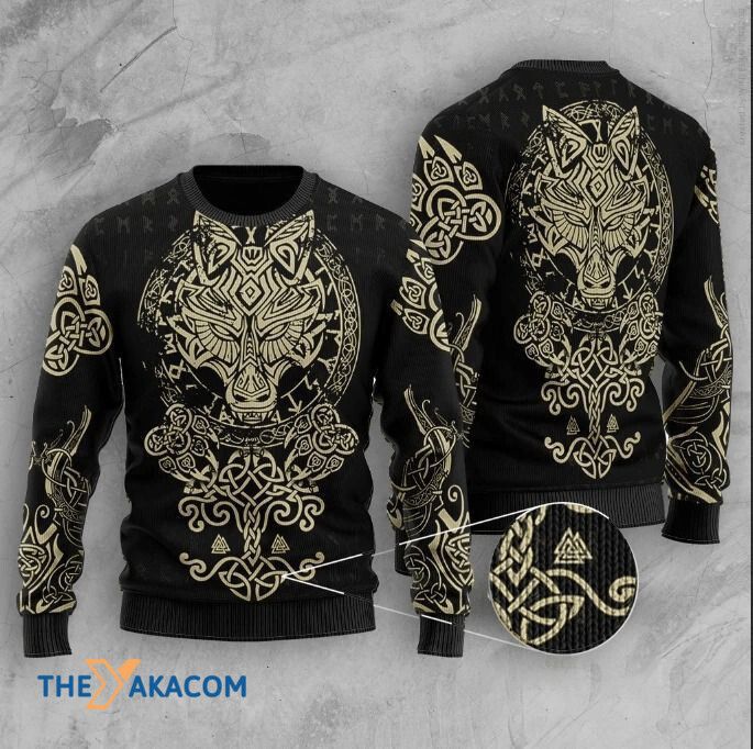 All Over Printed Sweater Black Viking Wolf