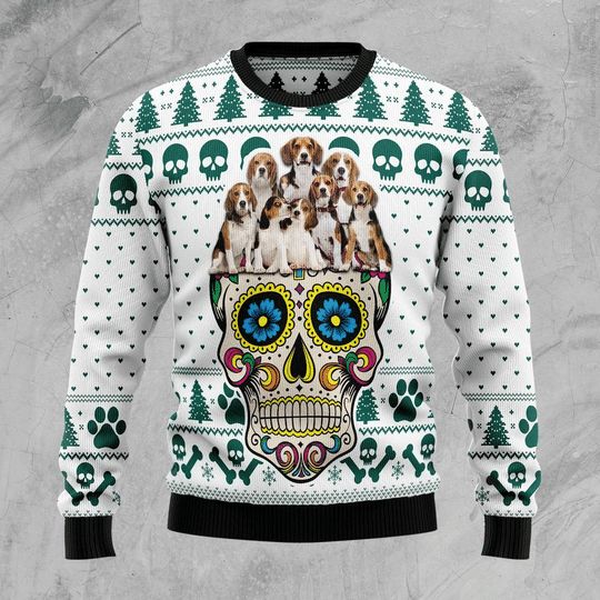 Awesome Sugar Skull Beagles 3D Christmas Sweater