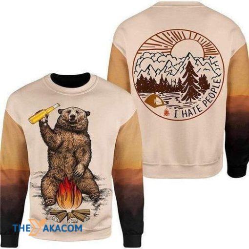 Bear Drinking Beer Camping I Hate People Xmas 3D Sweater