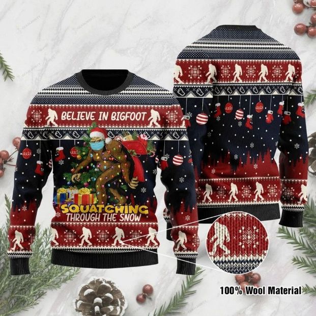 Believe In Bigfoot Squatching Through The Snow Christmas Sweatshirt Sweater