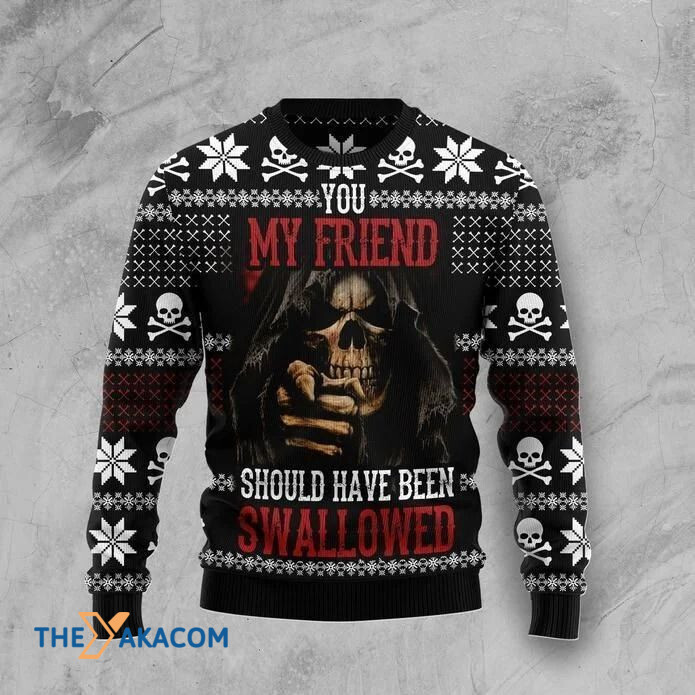 Black 3D Sweater Skull My Friend Swallowed Christmas