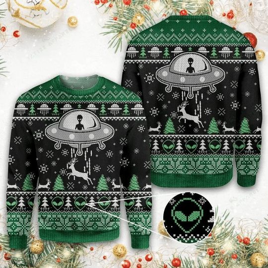 Black White And Green Alien 3D Christmas Sweater