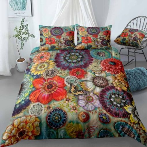 Blue Bird Boho Flowers Bedding Set