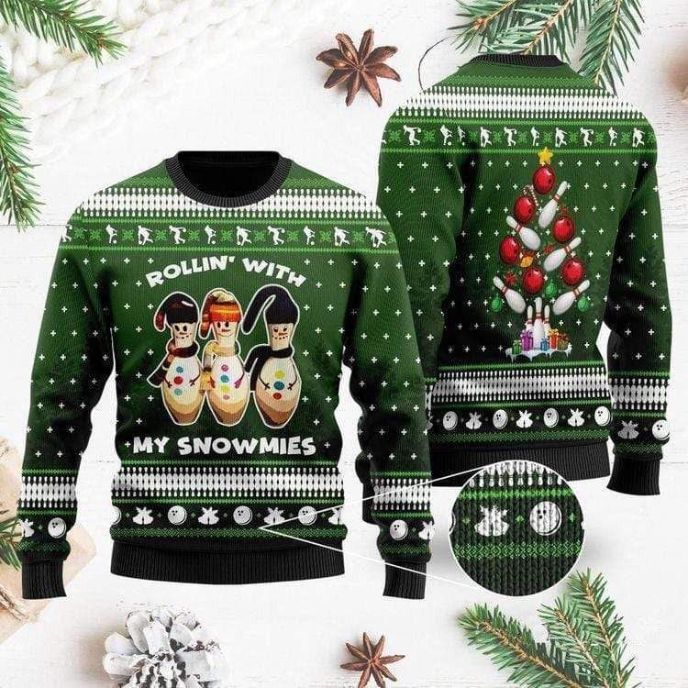 Bowling Rolling Snowmies All Over Printed Sweater