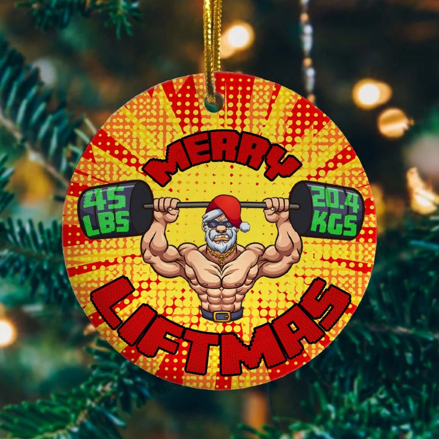Funny Muscular Santa Lifting Weights Liftmas Christmas Ceramic Ornament