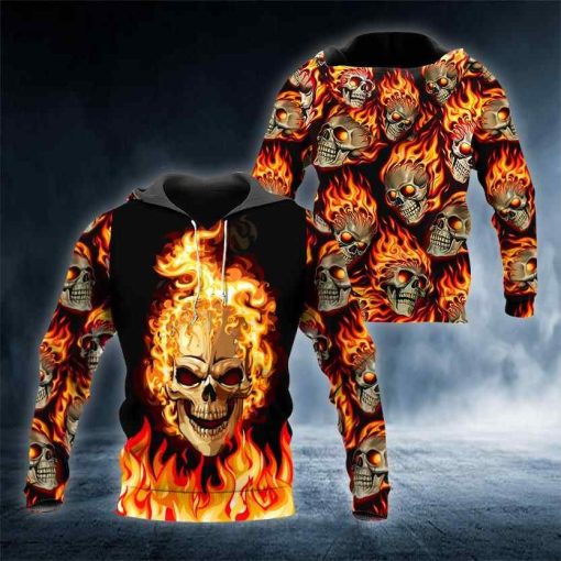 Ghost Head Fire Skull All Over Printed US Unisex Size Hoodie