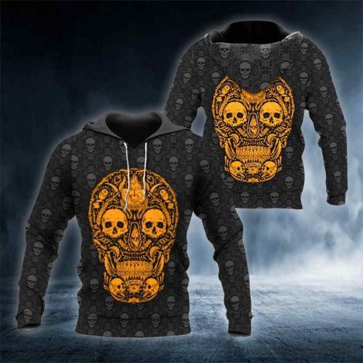 Gold Head Pattern Skull All Over Printed US Unisex Size Hoodie