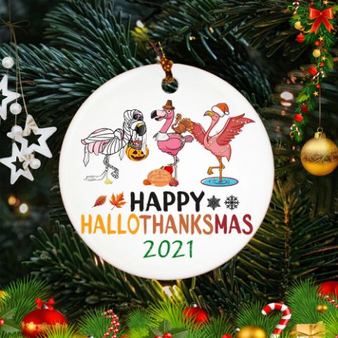 Happy Hallothanksmas Flamingo Christmas Ceramic Ornament