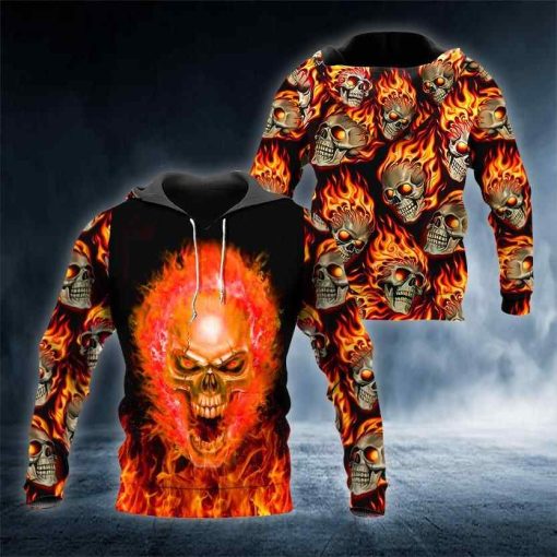 Head Fire Ghost Skull All Over Printed US Unisex Size Hoodie