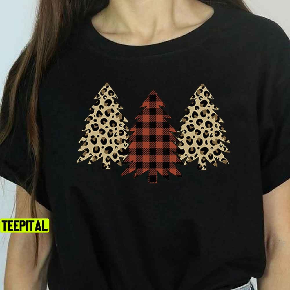 Leopard Plaid Christmas Trees Sweatshirt T-Shirt