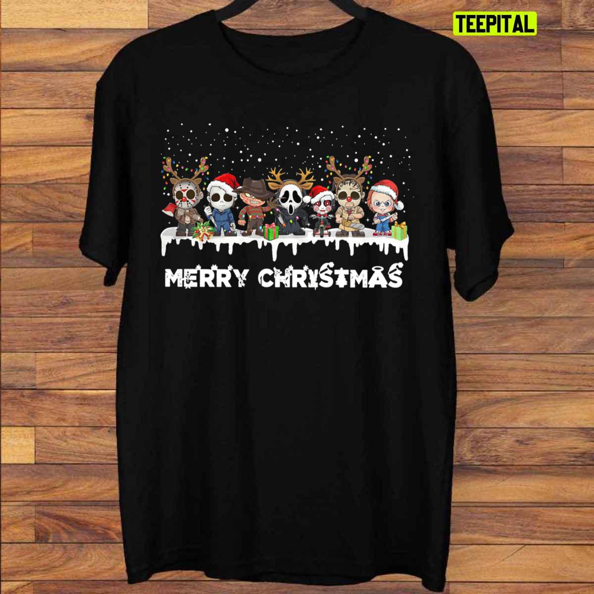 Merry Christmas Chibi Horror Movie Characters T-Shirt
