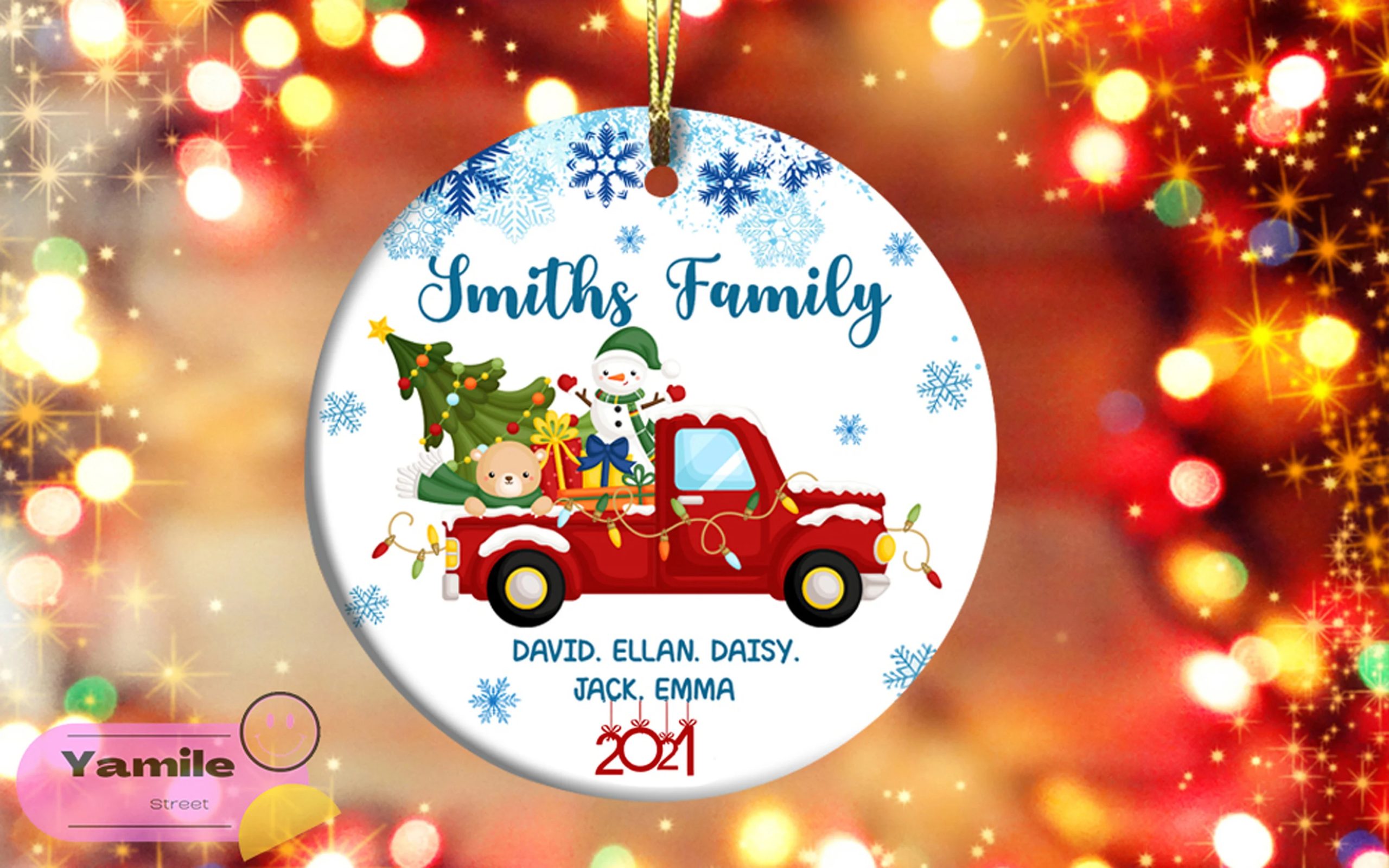 Personalised Family Name Cute Red Truck Snowman Pine Christmas Christmas 2021 Ornament