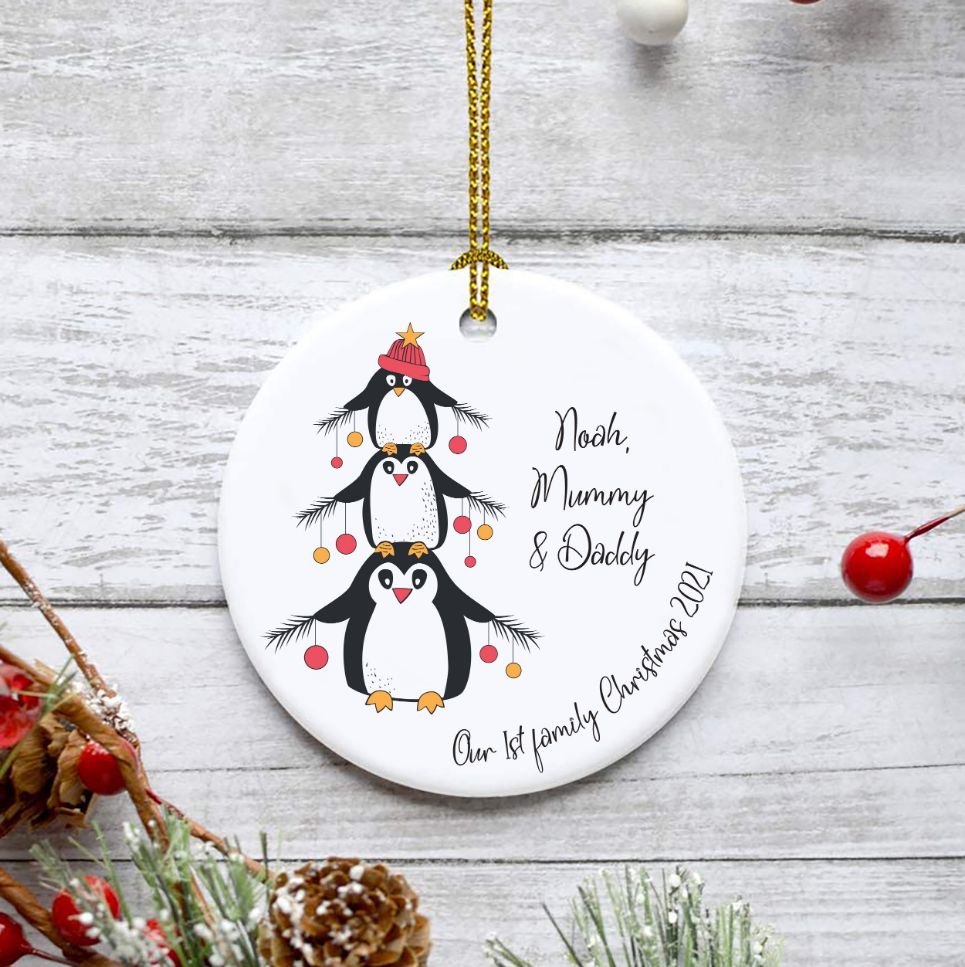 Personalised First Family New Baby Bauble Penguin 1St Christmas Christmas 2021 Ornament