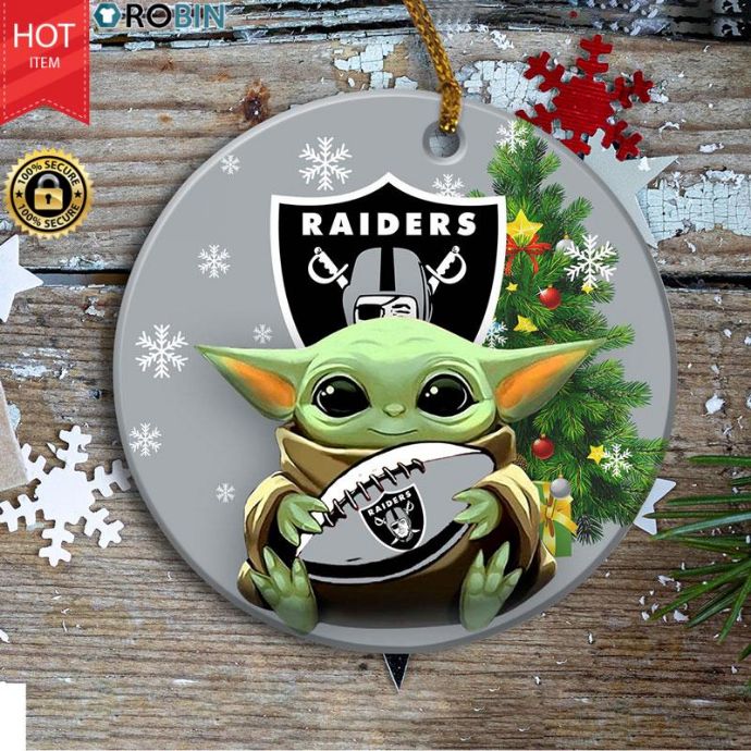 Personalized Oakland Raiders Baby Yoda Christmas Ceramic Ornament