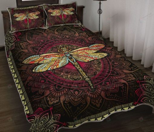 Dragonfly Mandala Black Background Bedding Set