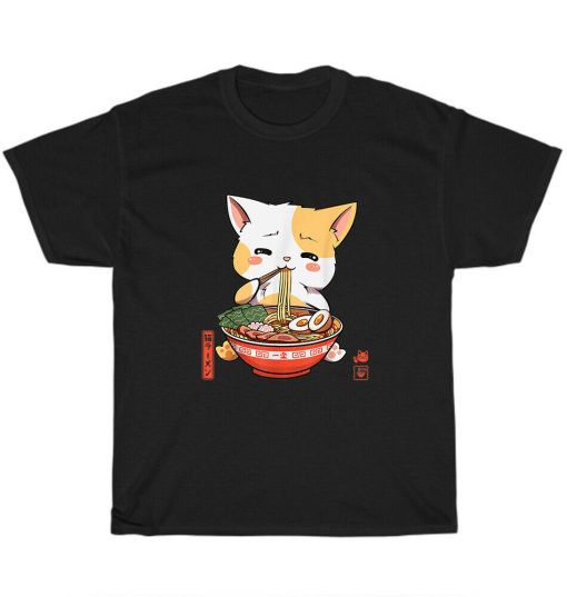 Kawaii Kitten Neko Cat Eating Ramen Noodle Japanese Unisex T-Shirt