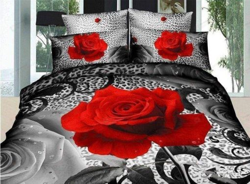 Red Rose In Leopard Leather Bedding Set
