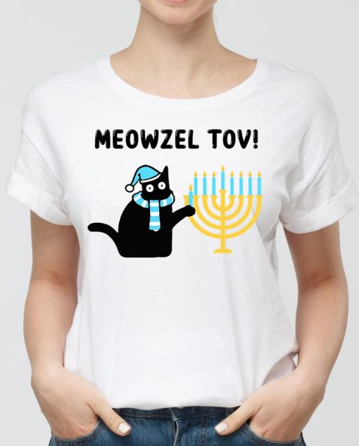 Funny Meowzel Tov Black Cat Mazel Tov Menorah Hanukkah T-Shirt