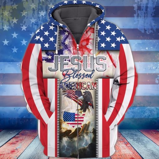 4th Of July Independence American Veteran Eagle Jesus Blessed American 3d Zip Hoodie