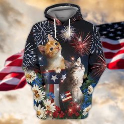 4th Of July Independence Day American Flag Cat And Flowers 3d Zip Hoodie