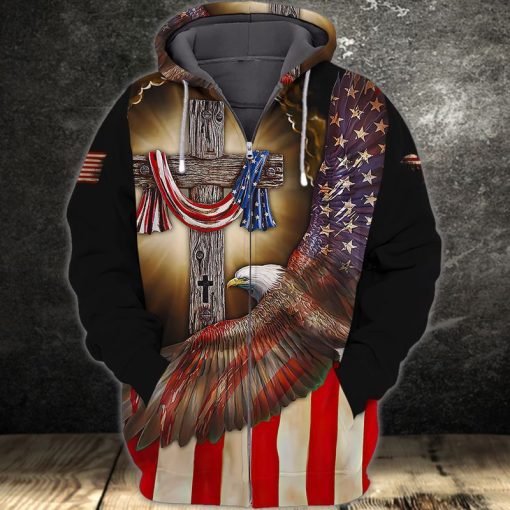 4th Of July Independence Day American Flag Eagle And God 3d Zip Hoodie