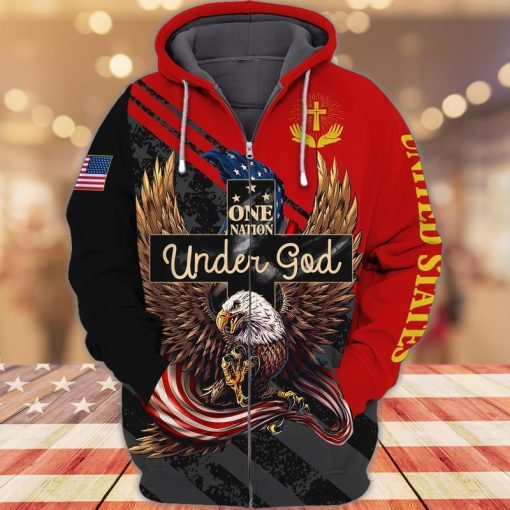 4th Of July Independence Day One Nation Under God American Eagle 3d Zip Hoodie