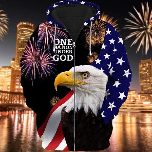 4th Of July Independence Day One Nation Under God American Flag And Eagle One Nation Under God 3d Zip Hoodie