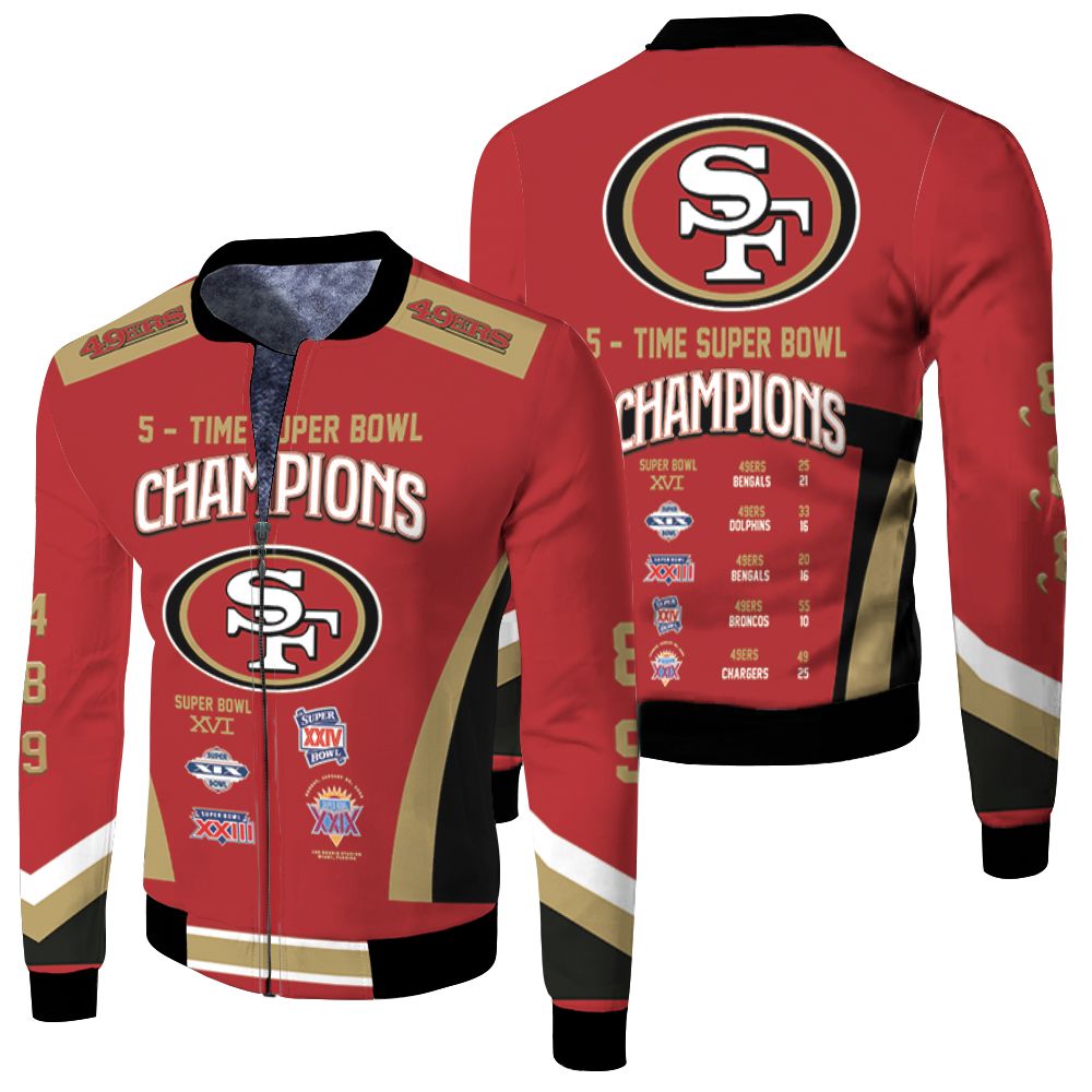 5 Times Super Bowl Champions San Francisco 49ers All Prizes 3d Fleece Bomber Jacket