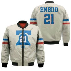 76ers Joel Embiid 2020-21 Earned Edition Cream Jersey Inspired Bomber Jacket