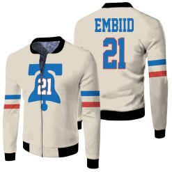 76ers Joel Embiid 2020-21 Earned Edition Cream Jersey Inspired Fleece Bomber Jacket