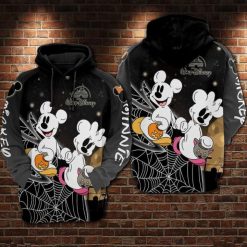 Mickey And Minnie In Halloween Costume Spider Web Over Print 3d Zip Hoodie