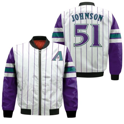 Arizona Diamondbacks Randy Johnson 51 Mlb White Purple Jersey Inspired Style Bomber Jacket