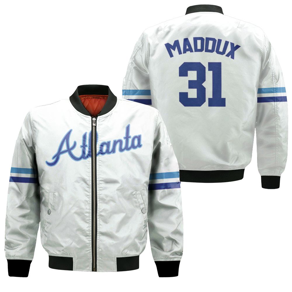 Atlanta Braves Greg Maddux #31 Mlb Cooperstown Collection Mesh Wordmark 3d Designed Allover Gift For Atlanta Fans Bomber Jacket