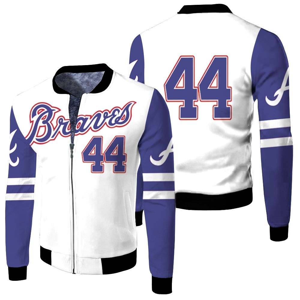 Atlanta Braves Hank Aaron 44 2020 Mlb White And Blue Jersey Inspired Fleece Bomber Jacket