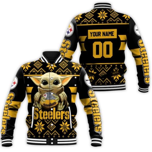 Baby Yoda Hugs Pittsburgh Steelers Football 2020 Personalized Baseball Jacket