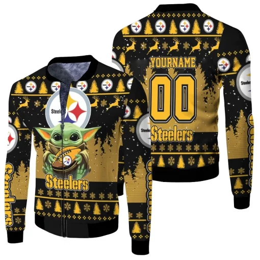 Baby Yoda Hugs Pittsburgh Steelers Ugly Sweater 3d Personalized Fleece Bomber Jacket