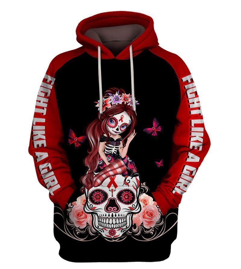 Breast Cancer Awareness Sugar Skull Fight Like A Girl Over Print 3d Zip Hoodie