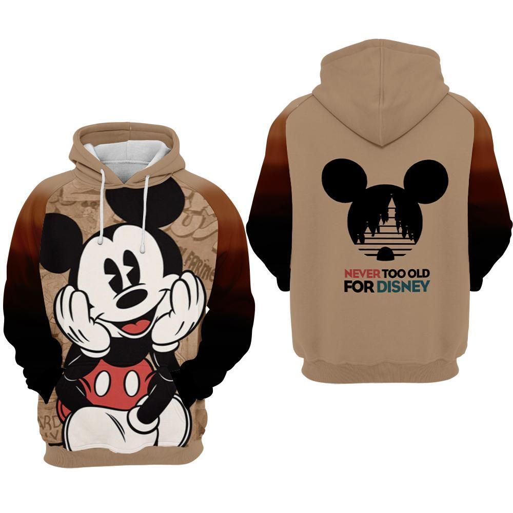 Classic Mickey Mouse Never Too Old For Disney Over Print 3d Zip Hoodie