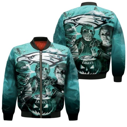 Freddy Jason Michael Myers Loves Philadelphia Eagles Pumpkin Head Halloween 3d Bomber Jacket