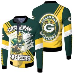 Green Bay Packers Aaron Rodgers 12 Illustrated For Fans Fleece Bomber Jacket